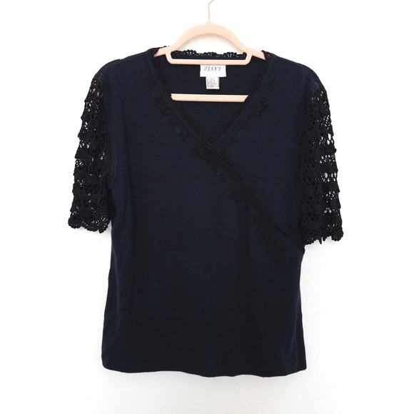 Vintage Jenny Womens Top Size XL Black Crochet Sleeve Whimsigoth Witchy 90s Boho - Picture 1 of 5